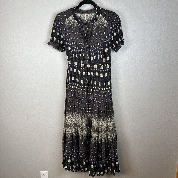 Free People Womens Rare Feeling Button Up Boho Maxi Dress Size XS Black Floral - Picture 1 of 7